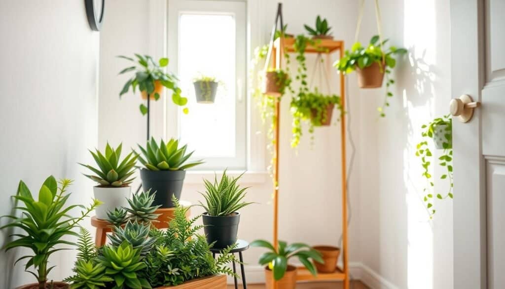 A cozy corner in a small room showcasing a variety of compact plants ideal for small spaces. In the foreground, a stylish but minimalistic plant stand holds a collection of vibrant succulents and small ferns, their lush green leaves contrasting against the natural wood. The middle ground features a softly lit shelving unit with hanging planters, draped with trailing ivy and string of pearls, creating a harmonious blend of greenery. In the background, a window allows bright, natural light to pour in, enhancing the atmosphere with soft sunlight that casts gentle shadows on the walls. The overall mood is calm and soothing, perfect for transforming an empty corner into a serene, inviting retreat. The scene should be well-composed, showcasing thoughtful home décor and woodworking elements.