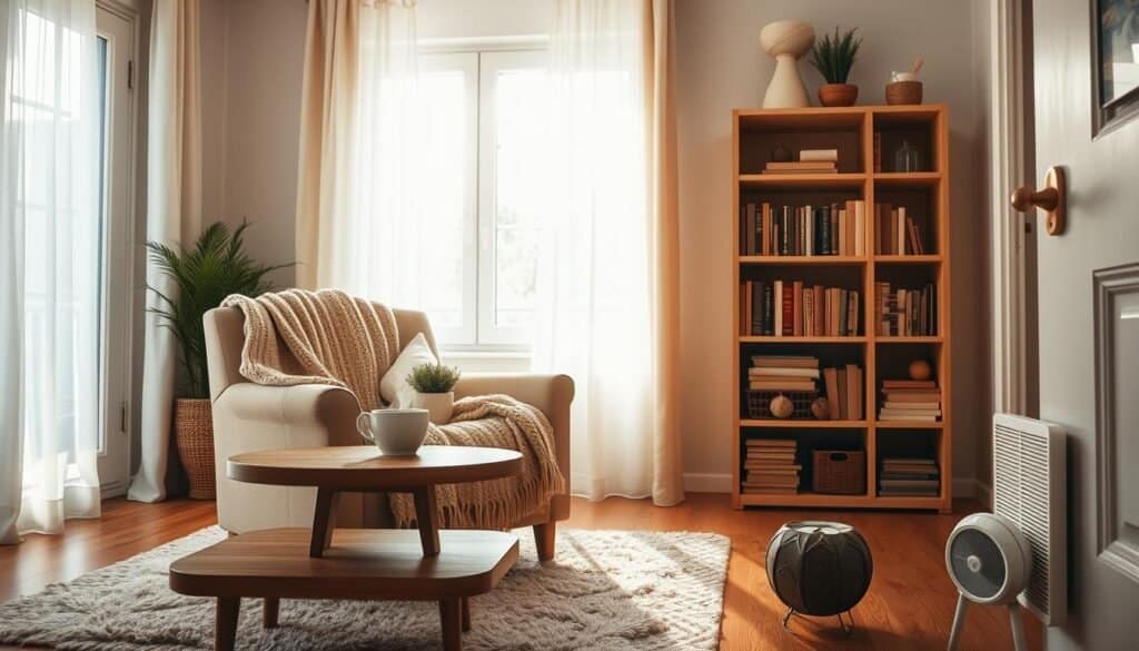 A cozy, drafty house interior that captures solutions to make spaces inviting. In the foreground, a softly lit room with a comfortable armchair draped in a warm, knitted blanket, sitting on a plush rug. A wooden coffee table displays a steaming cup of herbal tea and a small potted plant. In the middle ground, a window with light sheer curtains allows bright, natural sunlight to pour in, illuminating the room. To the right, a well-organized bookshelf filled with warm-toned books and decorative items, showcasing a charm of home. In the background, a couple of strategically placed draft stoppers at the bottom of the door. The atmosphere is inviting and warm, evoking a sense of comfort amidst a bright, airy decor. The angle is slightly elevated, emphasizing both the warmth of the room and the solutions for combating cold drafts.