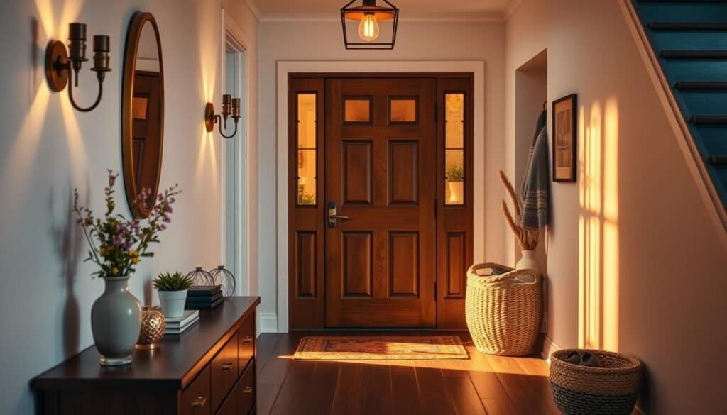A cozy entryway featuring warm lighting strategies that create an inviting atmosphere. In the foreground, a stylish console table adorned with decorative items like a vase of fresh flowers and a small potted plant. The middle ground showcases soft, ambient lighting emanating from vintage-inspired wall sconces and a pendant light, casting a golden glow across the space. In the background, a beautiful wooden door framed by a welcoming mat and soft textiles, like a woven basket filled with shoes. The scene is captured during the golden hour, highlighting warm tones and inviting textures, while soft shadows play along the walls. The overall mood is warm, personal, and effortlessly maintained, promoting a sense of comfort and hospitality in the entrance.