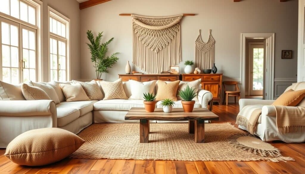 A cozy farmhouse boho living room, featuring a large, plush cream-colored sofa adorned with textured throw pillows and warm, earthy tones. In the foreground, a woven jute rug lies on hardwood flooring, with a rustic coffee table made of reclaimed wood. A few potted plants in terracotta pots add greenery. The middle of the room showcases a large vintage sideboard filled with books and decorative items, while an oversized macramé wall hanging adds a touch of bohemian flair. The background includes large windows allowing soft, natural light to flood the space, enhancing the airy feel. The mood is calm and inviting, perfect for relaxed living, all captured with warm lighting and a slight depth of field to emphasize the cozy, lived-in atmosphere.