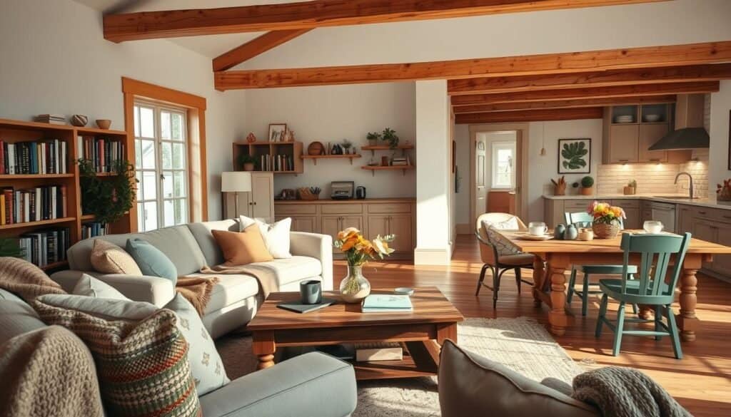 A cozy home layout featuring an inviting living room with a plush sofa, warm throw blankets, and soft pillows, centered around a rustic wooden coffee table. In the foreground, a reading nook with a comfortable armchair and a small bookshelf filled with well-loved novels, all bathed in soft, natural light from a nearby window. The middle ground showcases an open kitchen with a farmhouse-style table set for a family meal, adorned with simple decorative elements like a bowl of fresh fruit. In the background, a glimpse of a welcoming hallway with wooden beams and artwork enhancing the homey atmosphere. Capture this scene with a wide-angle lens to emphasize spaciousness, utilizing warm, bright lighting to evoke a sense of comfort and tranquility. The overall mood is serene and inviting, reflecting the essence of a warm, structured home.