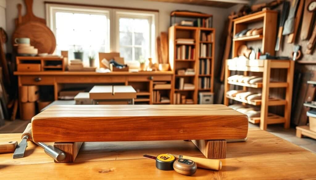 A cozy home workshop scene showcasing functional woodworking projects. In the foreground, display a beautifully crafted wooden bench with a polished surface, surrounded by various hand tools like chisels and a tape measure. In the middle ground, illustrate a collection of finished DIY woodworking items such as a stylish, wooden bookshelf filled with books and a rustic shoe rack, all made from different types of wood. The background features a bright workshop with soft sunlight streaming through large windows, illuminating the natural wood grains. The atmosphere is warm and inviting, conveying a sense of creativity and craftsmanship, perfect for enhancing everyday routines. Use a wide-angle lens to capture the full depth of the space, ensuring the lighting highlights the textures of the wood.