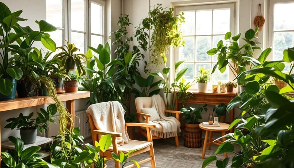 A cozy indoor corner filled with lush, vibrant plants, showcasing a variety of species such as snake plants, pothos, and fiddle leaf figs. In the foreground, a rustic wooden shelf holds an assortment of potted plants, with a few elegantly draping tendrils spilling over the edges. The middle ground features a comfortable chair made of light wood, complemented by a soft, textured throw blanket. In the background, large windows let in bright, natural light and soft sunlight illuminates the space, creating an airy atmosphere. Subtle wooden accents, like a small coffee table and decorative pieces, enhance the relaxation theme, while the green foliage adds a refreshing touch, evoking a serene and inviting ambiance.