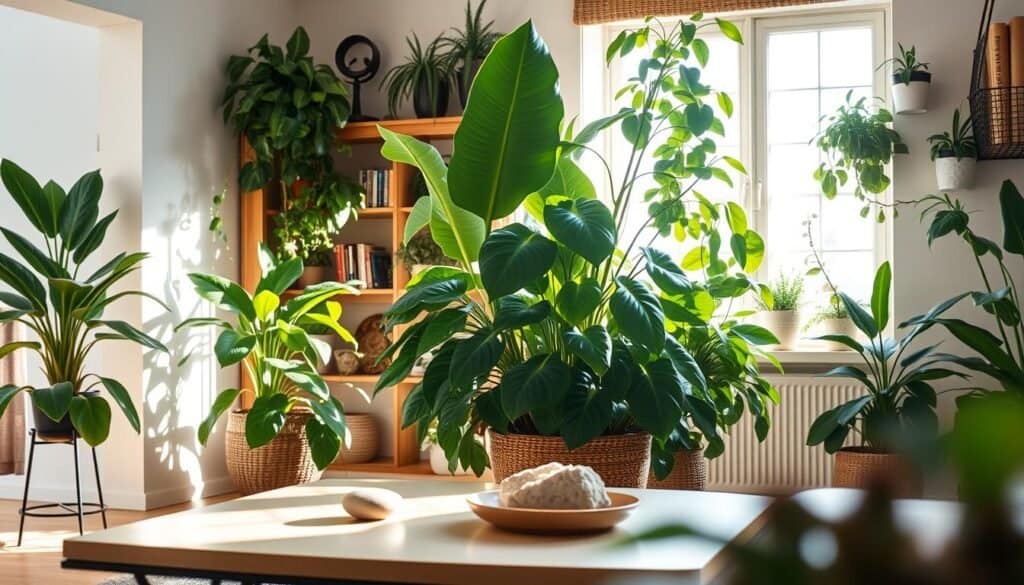 A cozy indoor living space filled with a variety of lush indoor plants, showcasing their strategic placement for softness and aesthetic appeal. In the foreground, a modern coffee table adorned with a small potted succulent and a decorative stone. The middle layer features a well-arranged cluster of leafy green plants, including a tall fiddle leaf fig and cascading philodendrons, positioned near a large window that lets in bright, soft sunlight. In the background, a wooden shelf with books and additional greenery creates depth, with gentle shadows enhancing the ambiance. The room exudes a tranquil and inviting atmosphere, with pale walls and warm wooden tones, illuminated by natural light, evoking a sense of calm and connection to nature.