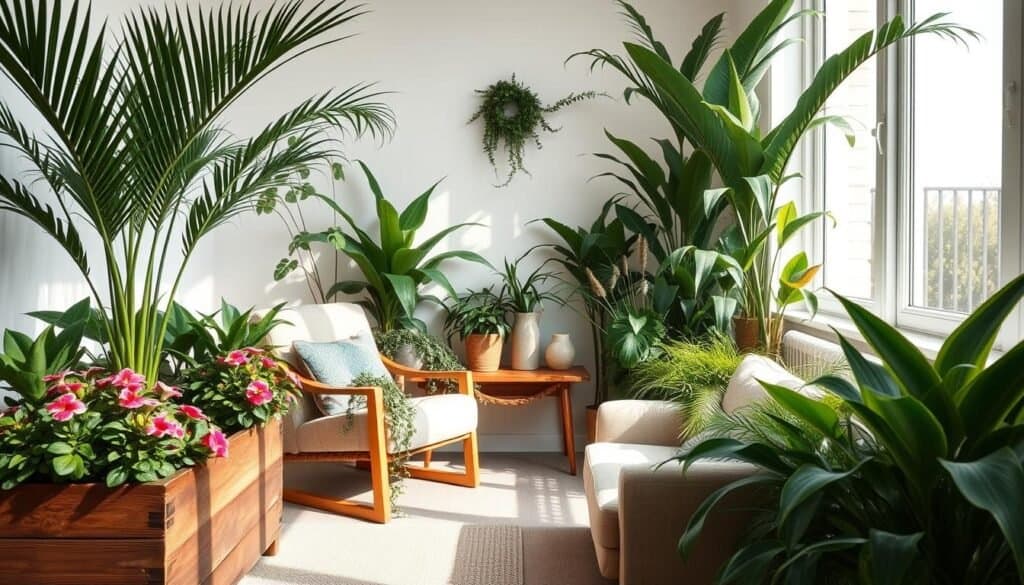 A cozy indoor plant corner featuring a variety of lush greenery, including tall potted palms, vibrant ferns, and elegant snake plants. The foreground showcases a rustic wooden planter filled with colorful flowers, while a comfortable, neutral-toned armchair with soft fabric sits nearby. In the middle, a wooden side table displays a few ceramic pots and a candle, creating a welcoming atmosphere. The background highlights a large window allowing bright, natural sunlight to pour in, casting soft shadows and creating an airy feel. The overall mood is tranquil and inviting, perfect for transforming an unused space into a stylish, plant-filled oasis. Use wide-angle perspective for a spacious look and emphasize the interplay of light and shadows.