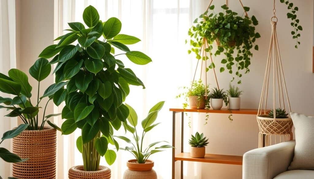 A cozy indoor plant corner featuring various lush green plants, including a tall fiddle leaf fig and cascading pothos, arranged harmoniously in a bright, airy living room. In the foreground, a textured rattan plant stand showcases a vibrant peace lily. In the middle ground, a sleek wooden shelf holds potted succulents and a hanging macramé planter filled with ferns. The background reveals soft sunlight filtering through sheer white curtains, creating warm, inviting shadows. The atmosphere exudes tranquility and rejuvenation, with natural wood accents and neutral tones enhancing the serene vibe. The image should be captured from a slight angle, emphasizing depth and warmth, with a focus on the vitality plants bring to the space.