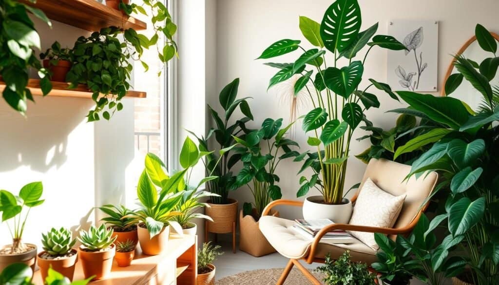 A cozy indoor plant corner filled with lush greenery, showcasing a variety of potted plants like snake plants, pothos, and peace lilies. In the foreground, a stylish wooden shelf holds small clay pots with vibrant succulents, along with a decorative ceramic planter featuring a tall monstera. In the middle, a comfortable reading chair sits next to a bright window, allowing soft, natural light to spill in, highlighting the rich textures of the plants. The background features a soft pastel-colored wall adorned with a botanical print, creating an inviting and serene atmosphere. The overall mood is warm and uplifting, emphasizing the beauty and impact of small plants in transforming dead corners into lively spaces. Use a wide-angle lens perspective to capture the entire scene, with a touch of sunlight gently illuminating the plants.