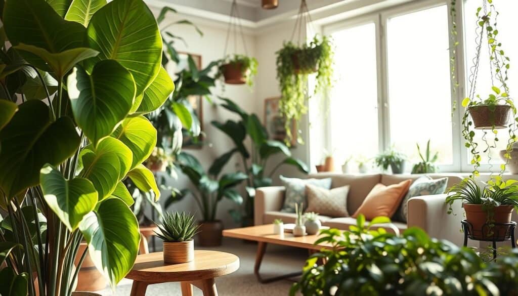 A cozy indoor setting featuring an array of lush, green plants artfully arranged in a beautifully designed living space. In the foreground, a tall fiddle leaf fig stands next to a small wooden coffee table adorned with a vibrant potted succulent. The middle ground showcases a comfortable sofa with colorful cushions, surrounded by hanging planters filled with trailing vines. In the background, large windows let in bright, soft sunlight, illuminating the room and casting gentle shadows. The overall atmosphere is serene and inviting, emphasizing a harmonious blend of nature and modern decor. The composition is shot with a wide-angle lens to capture the spaciousness, highlighting the details and textures of the plants and furnishings in this airy, well-lit environment.