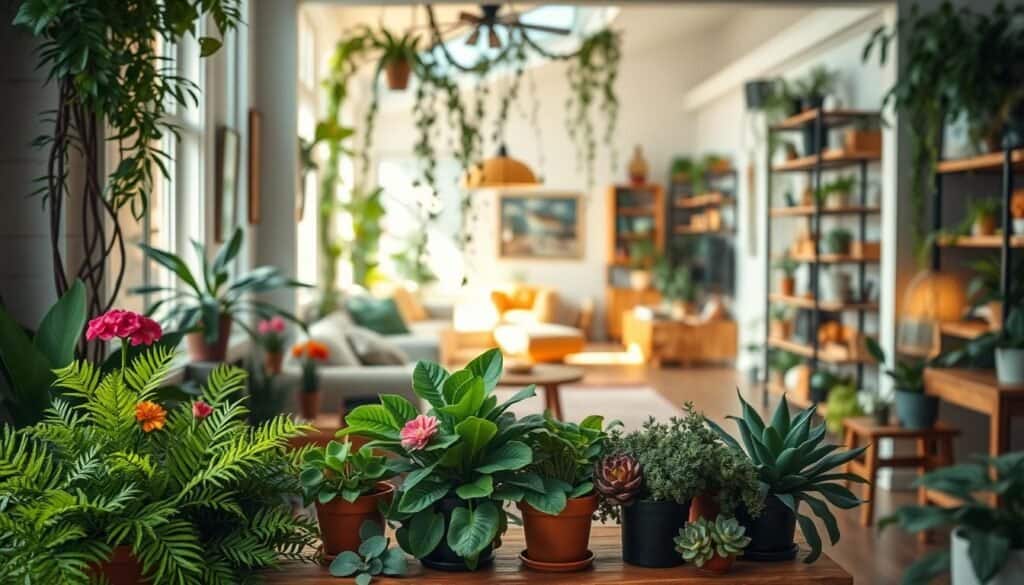 A cozy indoor setting filled with a vibrant array of house plants that serve as a natural bridge between two distinct spaces. In the foreground, a selection of lush green ferns and colorful potted flowers sits atop a wooden table, their leaves gently catching the soft sunlight streaming through a large window. The middle ground features a cozy reading nook, adorned with warm lighting and rustic wooden furniture, seamlessly integrated with trailing vines and succulents that connect the two areas. In the background, a faint view of an airy living room can be seen, bathed in bright, natural light, with plants artfully positioned along shelves and tables. The mood is serene and inviting, evoking a sense of tranquility and connection among the spaces. The image captures the beauty of how plants transform and unify environments.