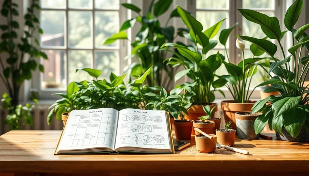 A cozy indoor setting showcasing an aesthetically pleasing plant care schedule displayed on a wooden table. In the foreground, a vibrant, lush indoor garden with various types of greenery, such as pothos, fiddle leaf figs, and peace lilies. The middle ground features an open notebook with neatly organized notes, diagrams, and illustrations on plant care, surrounded by small pots with soil and gardening tools. In the background, airy large windows allow soft, natural sunlight to fill the room, enhancing the warm and inviting atmosphere. The scene conveys a sense of tranquility and nurturing, emphasizing a thriving indoor garden. The overall composition is bright and cheerful, highlighting the beauty of plants and the joy of gardening in a modern home.