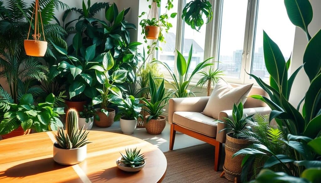 A cozy indoor space adorned with a variety of lush green plants, such as ferns, succulents, and a tall snake plant. In the foreground, feature a stylish wooden coffee table with a small cactus and a vibrant hanging pot. In the middle, a comfortable armchair with soft throw pillows invites relaxation, surrounded by carefully arranged potted plants of varying heights. The background showcases a large window allowing bright, natural light to filter in, casting soft shadows that enhance the airy atmosphere. The scene exudes tranquility and life, emphasizing the beauty of greenery in home decor. The lighting should be warm and inviting, reminiscent of a sunny afternoon, captured from a slightly elevated angle to provide a broad view of the room.