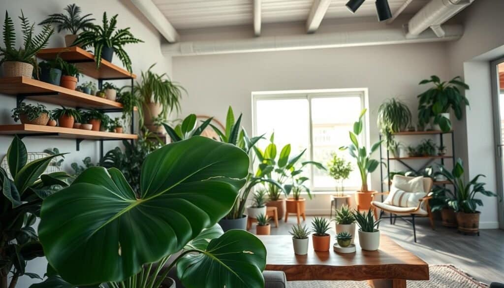 A cozy indoor space featuring a diverse collection of lush indoor plants, such as ferns, succulents, and snake plants, arranged thoughtfully on stylish wooden shelves. In the foreground, a large leafy monstera plant adds a dramatic touch, while smaller pots sit on a reclaimed wood coffee table. The middle of the scene is illuminated with soft natural sunlight filtering through a large window, creating a warm, inviting atmosphere. In the background, a subtle glimpse of modern decor accentuates the greenery, with a comfortable chair and textured rug. The overall mood is tranquil and refreshing, emphasizing the connection between nature and interior spaces within a well-lit, airy environment, captured with a slightly elevated angle to include the ceiling details.