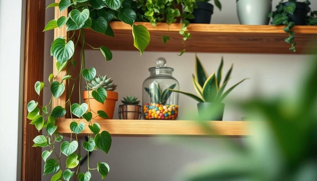 A cozy indoor space featuring a stylish wooden shelf adorned with various small but vibrant indoor plants. In the foreground, a lush pothos vine cascades elegantly over the edge of the shelf, while a compact succulent arrangement adds color. In the middle, a charming terrarium with colorful pebbles sits next to a striking snake plant, its upright leaves providing a striking contrast. The background reveals soft, natural light pouring in through a nearby window, creating an airy atmosphere. The warm wood tones of the shelf complement the greenery, giving the impression of a rejuvenating space. The overall mood is uplifting and serene, inviting a sense of tranquility and energy. The image is captured with a slight depth of field to emphasize the plants while keeping the space immersive and inviting.