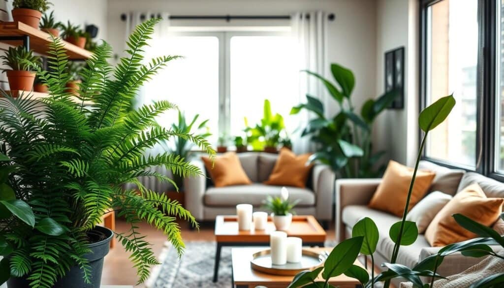 A cozy indoor space featuring an array of vibrant green houseplants for decor. In the foreground, a large potted fern with lush fronds, accompanied by smaller succulents and a peace lily on a stylish wooden shelf. The middle ground showcases a well-organized living area with a comfortable sofa adorned with earthy-toned cushions, while a coffee table displays a decorative tray with candles and more plants. The background features a window allowing bright, soft sunlight to filter in, casting gentle shadows and creating an airy atmosphere. The scene conveys a sense of relaxation and rejuvenation, emphasizing how greenery can bring life to stagnant spaces.