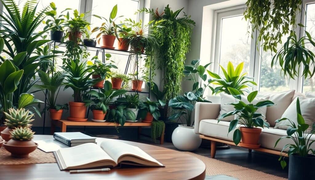 A cozy indoor space filled with lush houseplants, showcasing a variety of greenery including ferns, succulents, and pothos in elegant terra-cotta pots. In the foreground, a small wooden coffee table with a textured table runner, minimalist decor, and an open book resting on it. The middle ground features a vibrant plant shelf filled with cascading vines and colorful leaves, all bathed in bright natural light streaming through large windows. In the background, soft sunlight gives an airy feel to the room with a soft-focus view of a stylish couch adorned with cushions. The atmosphere is serene and inviting, perfect for illustrating the calming essence of nature indoors, creating a harmonious blend of decor and life.