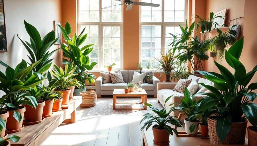 A cozy indoor space filled with vibrant air-purifying plants like snake plants, peace lilies, and spider plants. In the foreground, a beautifully arranged wooden shelf showcases these plants in stylish terracotta pots. The middle ground features a comfortable, inviting seating area with soft cushions and a natural wood coffee table. Large windows in the background allow bright, soft sunlight to flood the space, casting gentle shadows and creating an airy atmosphere. The walls are painted in warm, neutral tones, enhancing the feeling of tranquility and comfort. This scene embodies the serenity and fresh air brought by indoor greenery, evoking a sense of harmony and well-being. Use a wide-angle lens to capture the entire room, emphasizing the connection between nature and home.