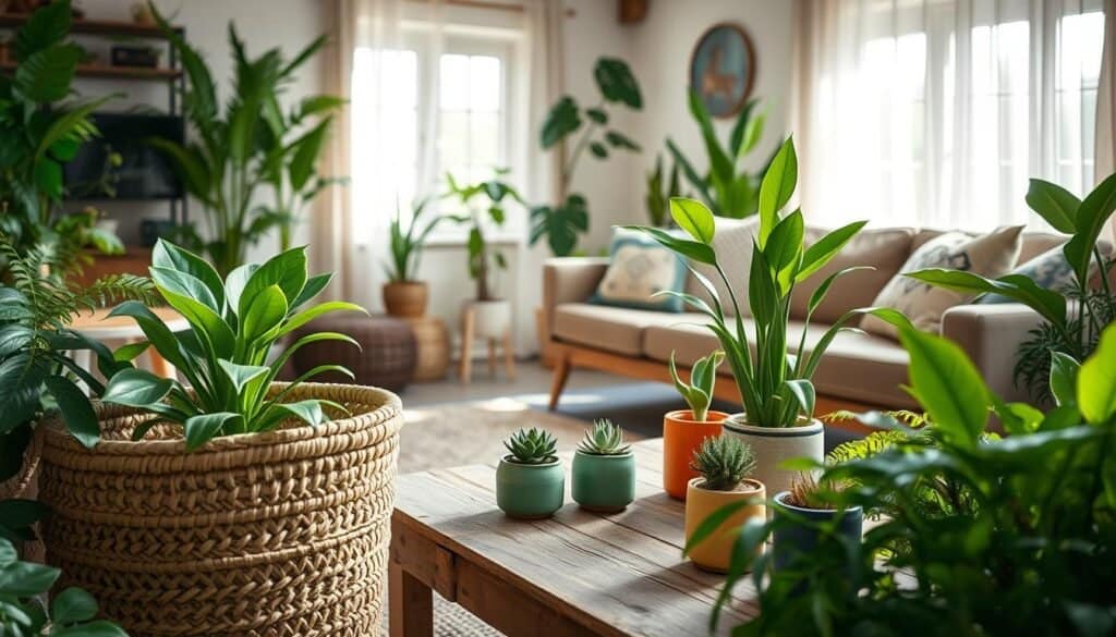 A cozy indoor space showcasing an inviting arrangement of home plants, featuring a variety of lush green foliage such as ferns, pothos, and succulents. In the foreground, a large, textured woven basket contains a vibrant snake plant, while smaller pots with colorful ceramic finishes dot a rustic wooden coffee table. In the middle ground, a stylish mid-century modern sofa adorned with soft, patterned cushions enhances the natural feel of the space. The background reveals sunlit windows draped with sheer curtains, allowing warm, soft sunlight to gently illuminate the room, creating a serene atmosphere. The scene should evoke a sense of calm and revitalization, with an emphasis on texture and light, encapsulating the essence of a fresh, lively home environment.
