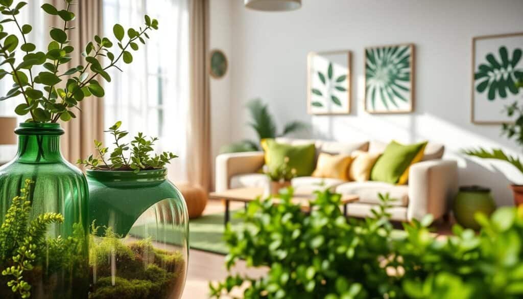 A cozy interior featuring various green decor elements that enhance energy and freshness. In the foreground, a vibrant green terrarium with small ferns and moss, alongside a stylish green ceramic vase filled with fresh eucalyptus. The middle layer showcases a light, airy living space adorned with lush green throw pillows on a soft beige sofa, an inviting green area rug, and leafy wall art. The background reveals a large window with sheer curtains, allowing bright natural light to flood the room, highlighting the textures and colors. The atmosphere is uplifting and serene, infused with soft sunlight that casts gentle shadows, creating an inviting and revitalizing ambiance. Capture the scene with a wide-angle lens to emphasize depth and brightness.