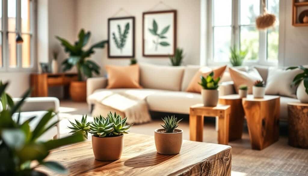 A cozy interior scene featuring budget-friendly natural decor elements, showcasing simple wooden furniture like a rustic coffee table and a pair of side tables made from reclaimed wood. The foreground includes vibrant green potted plants and small succulents placed harmoniously on the tables. In the middle ground, a well-lit, airy room with large windows allowing soft sunlight to pour in highlights the natural textures. The background features a textured wall decorated with framed nature-inspired artwork. The atmosphere is warm and inviting, evoking a sense of comfort and simplicity. Photographed in bright natural light, the image captures a serene and stylish living space that embodies the essence of affordable, natural decor ideas.