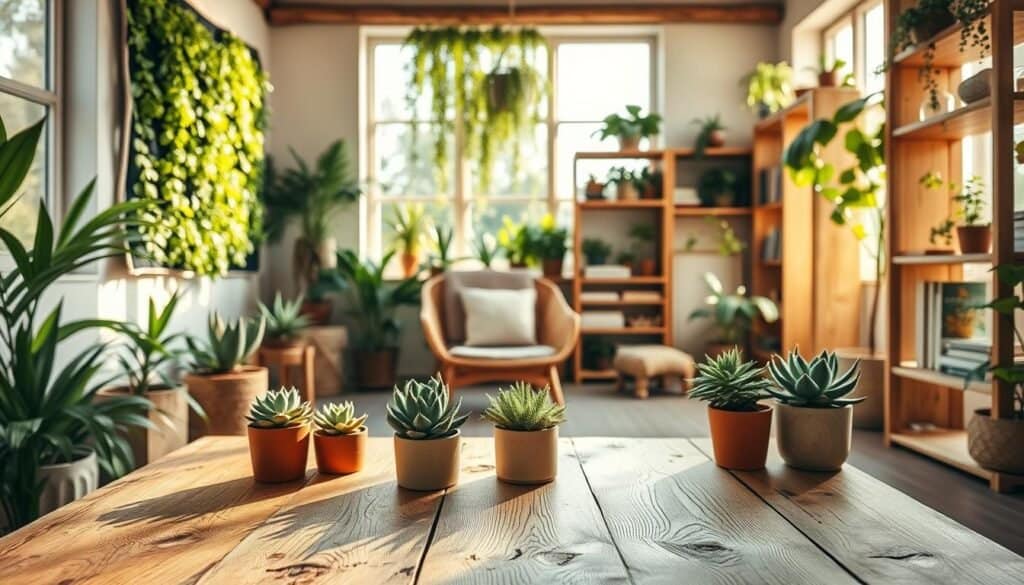 A cozy interior scene showcasing eco-friendly natural decor, featuring a beautifully arranged wooden coffee table adorned with potted succulents and small ferns. The foreground captures the texture of reclaimed wood, while a vibrant tapestry of greenery hangs on the wall behind. Sunlight filters in through large windows, casting soft, warm rays that illuminate the room, enhancing the natural colors. In the middle ground, a comfortable armchair made of organic materials invites relaxation, surrounded by handcrafted wooden shelves filled with books and plants. The background reveals a serene, rustic ambiance with additional greenery, creating a harmonious blend of wood and nature. Overall, the atmosphere is calming and inviting, perfect for a home that embraces sustainable living.
