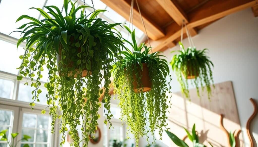 A cozy interior space featuring ceiling-mounted planters filled with vibrant green plants cascading down, creating an inviting atmosphere. In the foreground, highlight the intricate details of wooden beams supporting the planters, showcasing natural textures and warmth. The middle ground illustrates a well-lit room, bathing in soft, natural sunlight streaming through large windows, illuminating the plants and enhancing their colors. In the background, a tastefully decorated wall with subtle wooden accents complements the overall design, creating a harmonious blend of nature and craftsmanship. The scene should evoke a relaxed and tranquil mood, perfect for a natural decor theme, emphasizing the beauty of plants in home spaces.