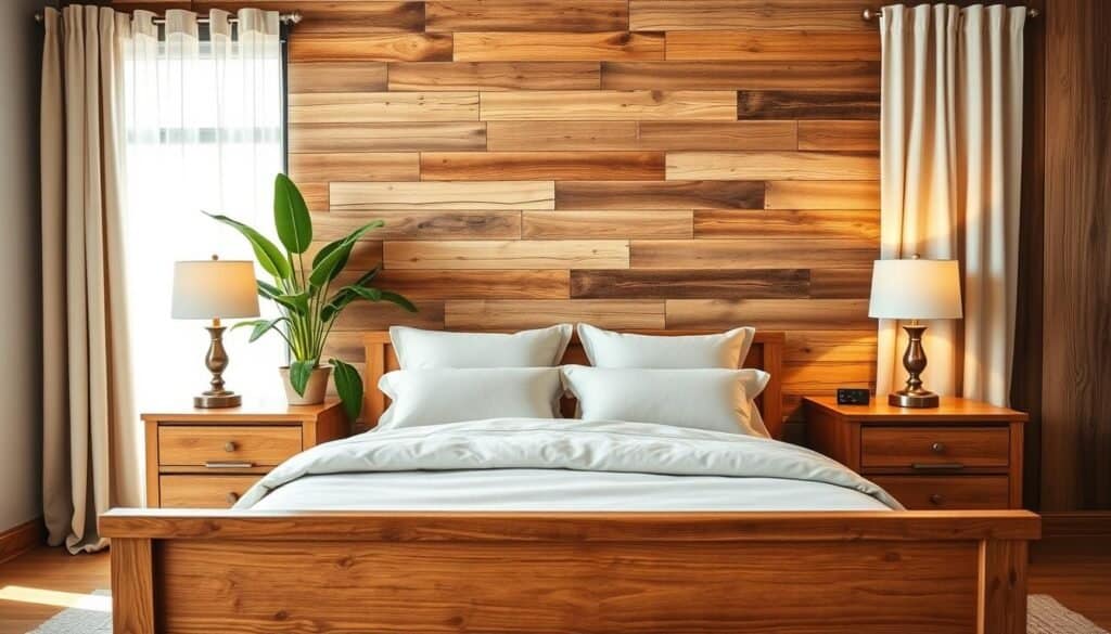 A cozy, inviting bedroom featuring natural wood elements as the focal point. In the foreground, a beautifully crafted wooden bed frame with soft, neutral bedding topped with plush pillows. On either side of the bed, elegant nightstands made of warm-toned wood, adorned with stylish lamps that cast a soft, ambient glow. In the midground, a wooden accent wall made of reclaimed wood panels adds character and warmth to the space. A fresh, green potted plant beside the window brings a touch of nature inside. The background showcases a large window dressed with sheer curtains, allowing bright, natural light to filter in, illuminating the room. The overall atmosphere is tranquil and serene, evoking a sense of sanctuary and relaxation. Capture this scene with a wide-angle lens, emphasizing the harmonious blend of natural wood textures and soft sunlight.