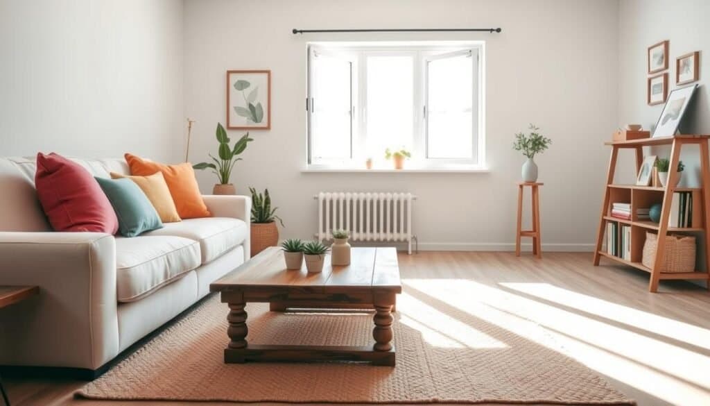 A cozy, inviting budget-friendly living room featuring soft, neutral tones and minimalist furniture arrangements. In the foreground, a plush, light-colored sofa adorned with colorful throw pillows, alongside a rustic wooden coffee table with a few small potted plants. The middle ground includes a chic area rug that adds warmth to the space, with an open window allowing bright, soft sunlight to filter in, casting gentle shadows. In the background, a simple bookshelf filled with books and decorative items adds character, while a few framed artwork pieces hang on the wall, enhancing the aesthetic. The atmosphere is warm and welcoming, emphasizing comfort and simplicity, with a focus on cost-effective decor to create a homely feel.