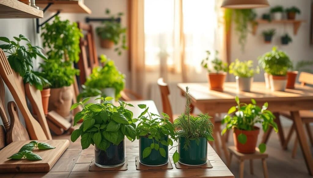 A cozy kitchen scene featuring an array of lush kitchen plants, including herbs like basil and rosemary, arranged on wooden shelves and a rustic wooden countertop. In the foreground, focus on a few vibrant green pots with soil visible, placed next to handmade wooden utensils and a cutting board. The middle ground showcases a sunlit window with sheer curtains allowing soft, natural light to fill the room, highlighting the textures of the wood and greenery. In the background, a charming wooden dining table complements the setting, adorned with potted plants in varying heights. The atmosphere feels warm and inviting, evoking a sense of tranquility and connection with nature, perfect for an airy, well-lit kitchen environment.