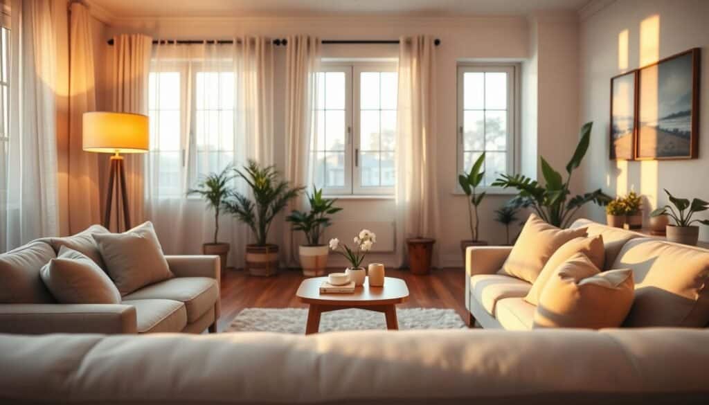 A cozy living room bathed in soft, natural light, showcasing a peaceful lighting design. In the foreground, a plush, neutral-toned sofa adorned with calm-colored throw pillows invites relaxation. A stylish floor lamp with a warm amber glow stands beside a modern wooden coffee table, accentuated by a few minimalist décor pieces. The middle ground features large windows draped with light, airy curtains that gently diffuse the sunlight. In the background, potted plants add a touch of greenery and freshness, while wall art with soothing landscapes enhances the tranquil atmosphere. The entire scene is captured with a warm color palette and a slightly blurred depth of field to create a calming and inviting mood, emphasizing comfort and serenity in the living space.
