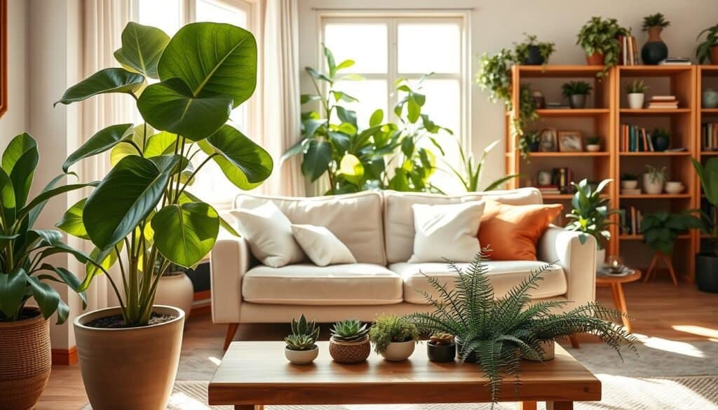 A cozy living room featuring a variety of indoor plants arranged beautifully for everyday enjoyment. In the foreground, a large potted fiddle leaf fig tree adds height beside a low wooden coffee table decorated with smaller succulent plants and a lush fern. In the middle, a soft, neutral-colored sofa with a few plush pillows provides a relaxed seating area, against a backdrop of a bright window letting in natural light, enhancing the airy atmosphere. The background showcases wooden shelves lined with books and additional greenery, creating an inviting and stylish ambiance. The scene is bathed in warm, soft sunlight, highlighting the textures of the plants and furniture, evoking a sense of tranquility and comfort.