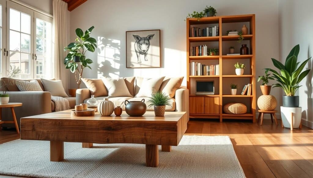 A cozy living room featuring beautifully crafted DIY wood projects, such as a handmade coffee table with rustic charm and a sleek wooden bookshelf filled with books and plants. In the foreground, the coffee table showcases decorative items and a warm, inviting centerpiece. The middle ground includes the bookshelf, while a comfortable sofa adorned with throw pillows adds to the homely atmosphere. Soft sunlight streams through large windows, casting gentle shadows and illuminating the warm wooden textures. A hint of greenery from houseplants enhances the fresh and lively ambiance. The entire scene is captured from a slightly elevated angle to create a warm, inviting mood, ideal for showcasing the beauty and practicality of wooden DIY projects in everyday home life.