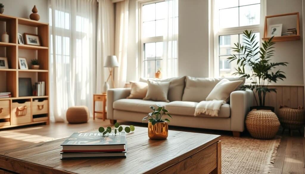 A cozy living room featuring budget-friendly wooden decor elements. In the foreground, a rustic wooden coffee table with a decorative plant and a few stylish magazines. The middle ground showcases a comfortable couch adorned with soft, neutral-colored cushions, while a woven rug adds texture to the floor. Light wood shelves line the walls, displaying affordable wooden decor pieces like picture frames and small sculptures. The background features large windows allowing bright natural light to flood in, casting soft shadows and creating an airy atmosphere. The overall mood is warm and inviting, ideal for relaxation, captured with soft sunlight filtering through sheer curtains, enhancing the feeling of comfort and homeyness.