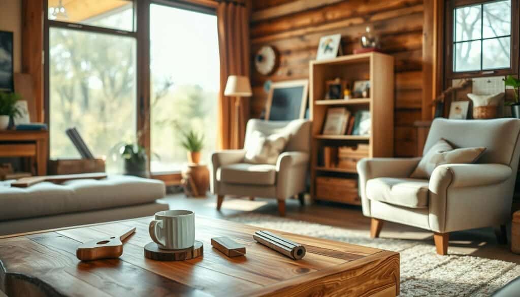A cozy living room featuring warm wood accents and several DIY wood projects. In the foreground, a beautifully crafted wooden coffee table holds a steaming mug and a few woodworking tools, showcasing a rustic yet modern design. The middle ground displays an inviting armchair upholstered in soft, neutral fabric, next to a small bookshelf filled with well-organized woodwork manuals and handmade trinkets. In the background, large windows allow soft sunlight to pour in, illuminating the space and casting gentle shadows. The atmosphere is serene and inviting, suggesting a perfect setting for quiet, productive evenings at home, with hints of an earthy color palette and natural textures throughout the decor.