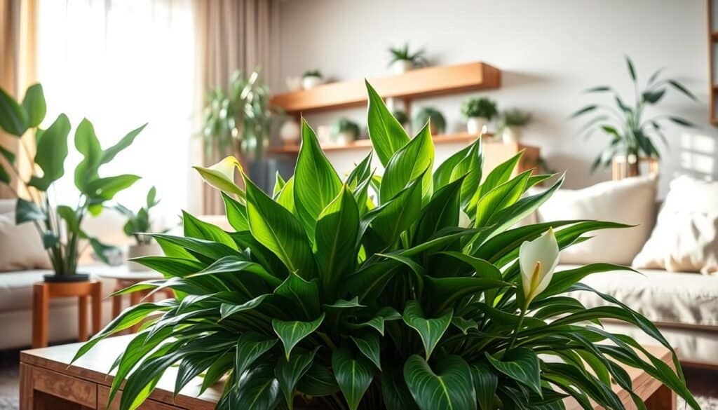 A cozy living room filled with a variety of air-purifying plants, such as snake plants, peace lilies, and spider plants, placed on a wooden coffee table and near sunny windows. The soft sunlight streams through sheer curtains, casting a warm glow over the vibrant green foliage, which appears lush and healthy. In the foreground, focus on a beautifully arranged cluster of plants with rich textures and details, while the background includes a tastefully decorated room with modern, natural wood elements and light pastel walls. The overall atmosphere feels refreshing and calming, evoking a sense of tranquility and connection to nature, while highlighting the importance of indoor plants for clean air. The composition is balanced, emphasizing the beauty and effectiveness of these natural air purifiers.