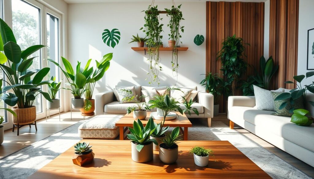 A cozy living room filled with an array of house plants, showcasing a vibrant green aesthetic. In the foreground, a stylish wooden coffee table adorned with a few small potted succulents and a fern. The middle features a tall leafy monstera and a cascading pothos hanging elegantly from a shelf. Soft natural sunlight filters through large windows, creating gentle shadows that dance across the room. The background features an airy, neutral-toned wall with tasteful wood accents and light-colored furniture, emphasizing a serene atmosphere. Capture the scene with a wide-angle lens to enhance the spacious feel, showcasing the harmonious blend of greenery and decor. The overall mood is fresh, inviting, and revitalizing, perfect for transforming any space into a vibrant, energizing haven.