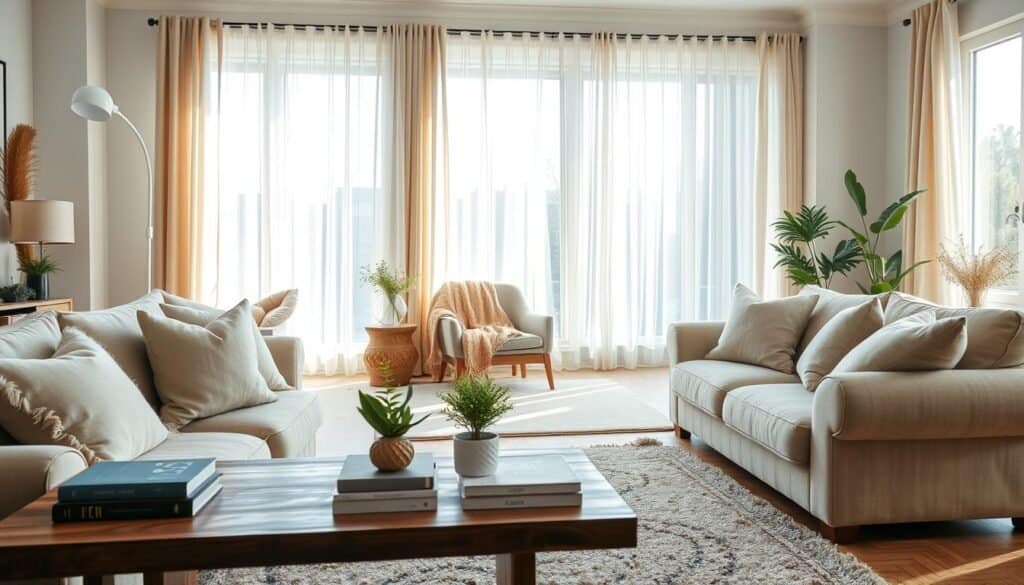 A cozy living room filled with comfortable furniture, featuring a plush, oversized sofa in soft, neutral tones, adorned with fluffy throw pillows. In the foreground, a wooden coffee table holds decorative books and a fresh vase of greenery. The middle area showcases a stylish armchair draped with a warm blanket and a soft area rug beneath, inviting relaxation. The background reveals large windows allowing bright natural light to fill the space, with sheer curtains gently swaying. The atmosphere is calming and serene, enhanced by soft sunlight filtering through, casting gentle shadows. This scene embodies a lived-in comfort, perfect for a peaceful gathering or quiet evening at home. Capture the image with a warm color palette and an inviting, airy composition.