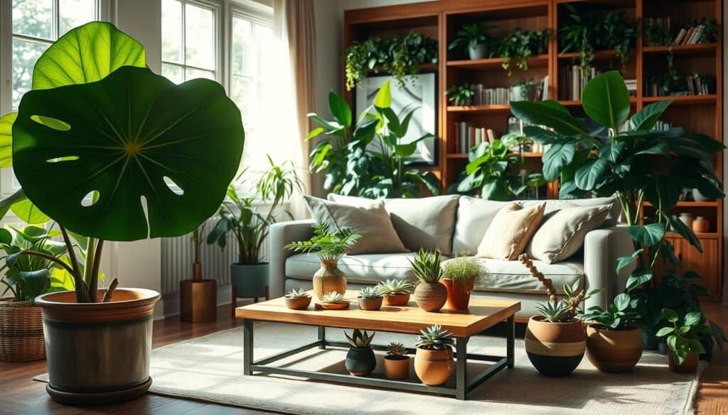 A cozy living room filled with lush green plants that evoke a sense of tranquility and balance. In the foreground, a large potted fiddle leaf fig leans gracefully next to a low wooden coffee table adorned with small succulents. The middle ground features a comfortable couch, stylishly dressed in neutral tones, surrounded by various vibrant plants in decorative pots. Soft sunlight filters in through a large window, casting gentle shadows and creating a warm atmosphere. The background includes a wooden bookshelf filled with books and more greenery, enhancing the serene ambiance. The room feels peaceful and inviting, showcasing the transformative power of plants in a stylish home setting. Use a soft focus lens to capture the warmth and tranquility of the scene.