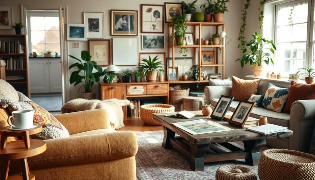 A cozy living room filled with personal touches that reflect warmth and comfort. In the foreground, a plush, vintage armchair adorned with a colorful knitted throw and a patterned cushion invites relaxation. A small wooden side table holds a steaming cup of tea next to an open book. In the middle, a soft area rug underfoot complements a rustic coffee table showcasing framed family photos and unique handmade crafts. The background features a gallery wall of art pieces, showcasing memories and travels, with plants gently cascading from shelves bathed in bright, natural light. The atmosphere is calm, with soft sunlight streaming through large windows, creating an airy and inviting space. Capture this scene with a warm color palette and a slightly elevated angle, emphasizing the lived-in feel while maintaining a sense of serenity.