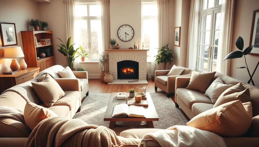 A cozy living room floor plan showcasing an inviting layout, emphasizing warmth and comfort. In the foreground, plush seating arrangements with soft throw blankets and decorative pillows. The middle features a large coffee table with a few books and a warm cup of tea. To the side, an elegant fireplace provides a focal point, emanating soft, flickering light. In the background, large windows allow bright, natural sunlight to filter in, casting gentle shadows. Warm wood tones and light colors enhance the airy atmosphere. The room is adorned with tasteful plants and framed artwork on the walls, creating a harmonious blend. Capture this scene with a soft focus, using a wide-angle perspective to embrace the entirety of this cozy haven, eliciting feelings of tranquility and home.