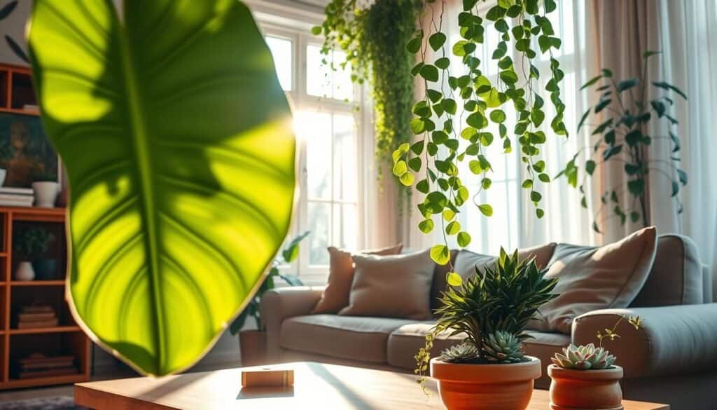 A cozy living room interior beautifully styled with indoor plants, featuring various greenery such as tall snake plants, lush ferns, and cascading pothos elegantly arranged on a wooden bookshelf and a coffee table. In the foreground, a vibrant monstera leaf catches the warm, soft sunlight pouring in through large windows, illuminating the space and casting gentle shadows. The middle ground showcases a comfortable sofa with earthy-toned cushions, invitingly positioned beside a terracotta planter filled with a vibrant succulent arrangement. The background includes light, airy curtains fluttering slightly with the breeze, enhancing the tranquil atmosphere. The overall mood is fresh and revitalizing, emphasizing the importance of strategic plant placement in breathing life into a room, all captured in bright, natural light.