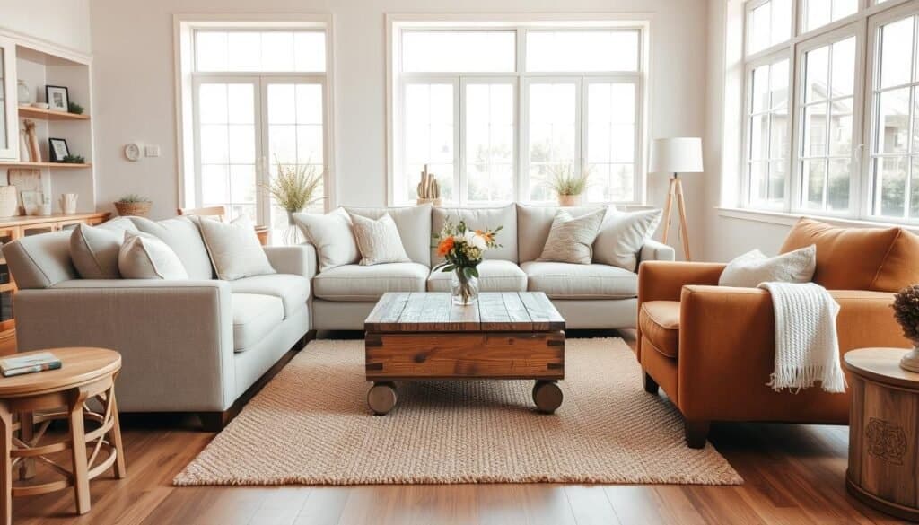 A cozy living room scene featuring a thoughtfully arranged furniture setup. In the foreground, a plush, beige sectional sofa with soft cushions is positioned around a rustic wooden coffee table adorned with a small vase of fresh flowers. Flanking the sofa, two comfortable armchairs in warm earth tones create an inviting conversation area. The middle ground showcases a textured area rug that ties the seating arrangement together. In the background, large windows let in bright, natural light, illuminating the space with soft sunlight. Light-colored walls enhance the airy atmosphere, while carefully placed shelves display tasteful decor items. The overall mood is warm and welcoming, ideal for relaxation and connection, captured from a slightly elevated angle to provide depth to the room.