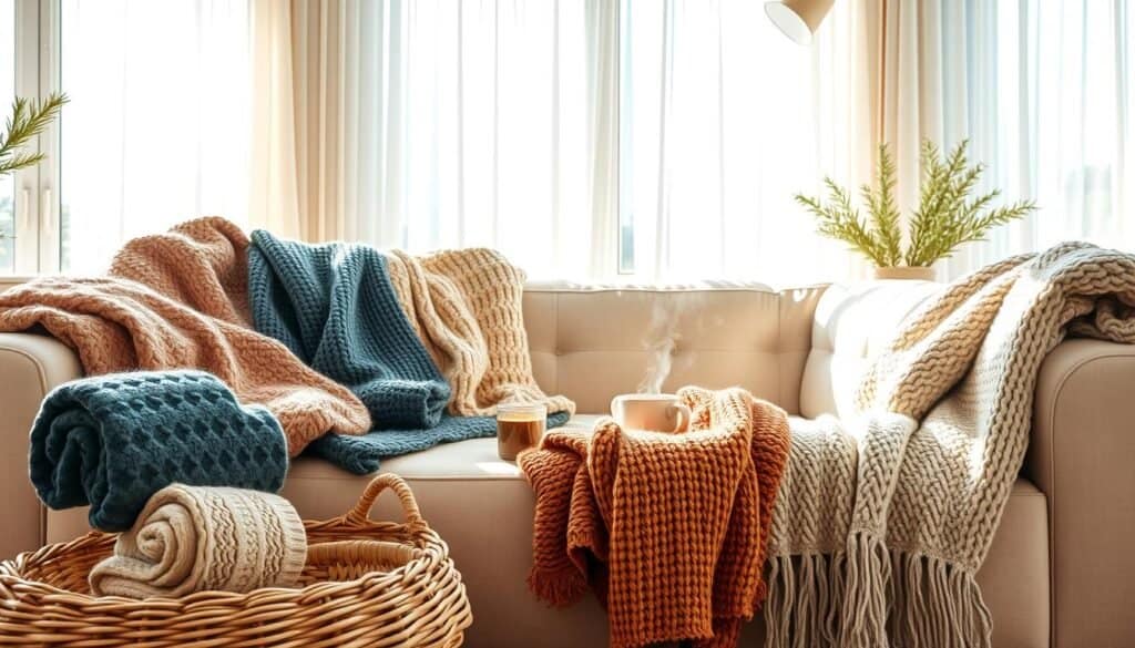A cozy living room scene featuring an assortment of plush throw blankets in various textures and colors, artfully draped over a soft, inviting sofa. Each blanket showcases intricate patterns—some knitted, others in soft velvet or gentle fleece. In the foreground, a woven basket holds a few neatly folded blankets, while a warm, hand-knitted throw cascades over the arm of the sofa. The middle of the room is illuminated by bright natural light streaming through large windows, casting soft shadows. In the background, airy sheer curtains flutter gently, complementing a stylish wooden coffee table adorned with a steaming mug and a small potted plant, creating an inviting atmosphere. The overall mood is warm and welcoming, evoking comfort and serenity.