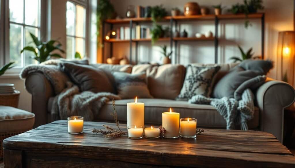 A cozy living room scene featuring soft, warm lighting from multiple scented candles placed on a rustic wooden coffee table. In the foreground, a plush, inviting sofa adorned with knitted blankets and decorative pillows invites relaxation. Light spills in from large windows, creating a warm glow and enhancing the earthy tones of the decor. In the middle, a low table holds an arrangement of candles in various heights with delicate accents like herbal sprigs and dried flowers, releasing a subtle fragrance. In the background, shelves filled with books and potted plants add a touch of greenery to the inviting atmosphere. The overall mood is peaceful and welcoming, evoking a sense of warmth and comfort.