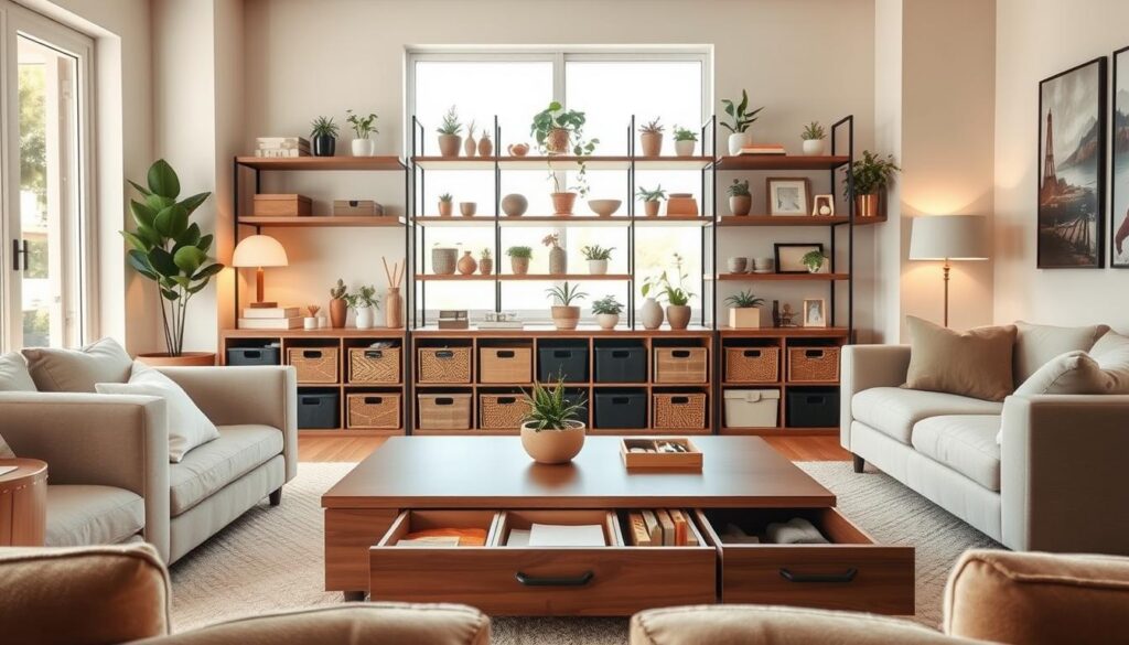A cozy living room setup designed for small space storage solutions. In the foreground, a sleek, multifunctional coffee table with built-in drawers, surrounded by plush, neutral-toned seating. In the middle, stylishly arranged shelves filled with artful storage boxes, plants, and decorative items, all featuring soft, earthy colors. The background showcases a large window allowing bright, natural light to flood the room, highlighting the airy atmosphere. The walls are painted in calming shades, complemented by soft lighting that creates a warm, inviting feel. The overall mood is serene and comfortable, emphasizing a lived-in yet organized space that maximizes storage while maintaining aesthetic appeal.