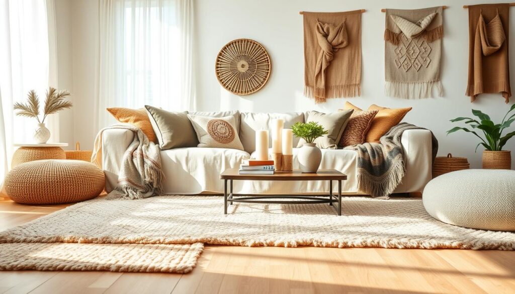 A cozy living room showcasing rich textile layers that bring warmth and depth. In the foreground, a plush, textured area rug with intricate patterns lies over natural wood flooring. Soft woven throw blankets and decorative pillows in muted earth tones are casually draped on a linen-covered sofa. In the middle ground, a beautifully designed coffee table topped with candles, a stack of books, and a small potted plant adds to the inviting atmosphere. The background features light-filtering sheer curtains letting in soft sunlight, highlighting a collection of layered wall art and decorative fabrics hanging on the walls. The scene is bright and airy, evoking a calm, inviting mood that feels genuinely lived-in. The composition is captured in a wide-angle shot, enhancing the overall warmth and comfort of the space.