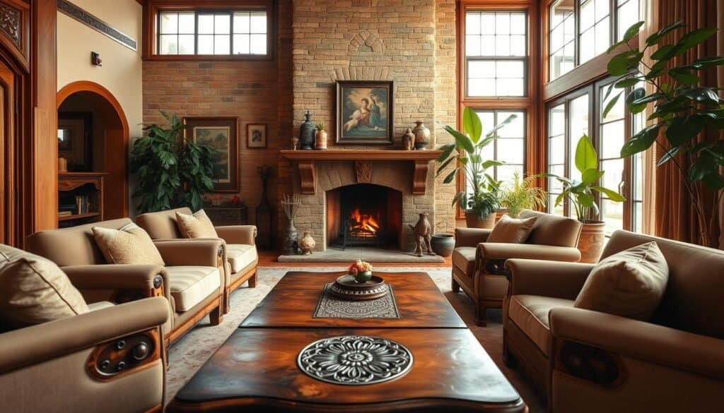 A cozy living room that showcases cultural influences on structural warmth, featuring a harmonious blend of different architectural styles from around the world. In the foreground, a wooden coffee table with intricate carvings surrounded by plush, modestly upholstered chairs creates an inviting atmosphere. The middle of the room boasts a beautifully crafted fireplace, its mantle decorated with culturally significant artifacts and a warm, flickering glow. Large windows in the background let in bright, natural light, illuminating the space with soft sunlight, while leafy indoor plants add a touch of nature. The overall mood is warm and inviting, emphasizing the connection between structure and cultural influences, captured with a wide-angle lens to enhance the spaciousness.