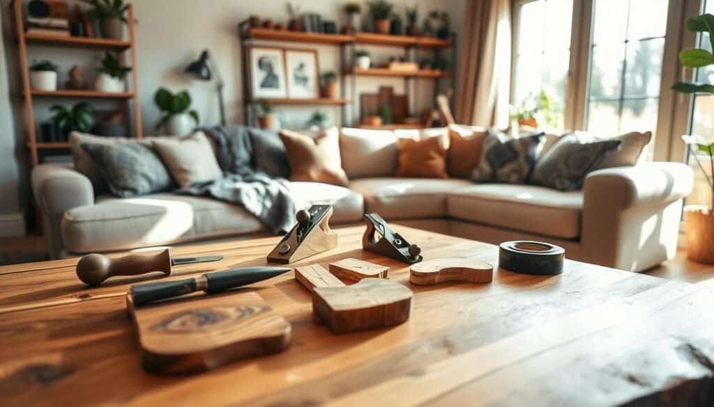 A cozy living room with a handcrafted wooden coffee table at the center, surrounded by comfortable seating. In the foreground, a shoulder-height view of the table showcases a carefully arranged selection of woodworking tools: a chisel, a small plane, and pieces of unfinished wood. The middle ground features a plush sofa with soft cushions and a patterned throw, inviting relaxation. Natural light streams through a large window, casting warm, gentle shadows, creating a serene atmosphere perfect for mindfulness. In the background, shelves filled with plants and woodwork inspiration highlight the craftsmanship. The overall mood is calm, inviting, and focused, suggesting a space where one can create and reflect, all within a well-lit, airy setting.