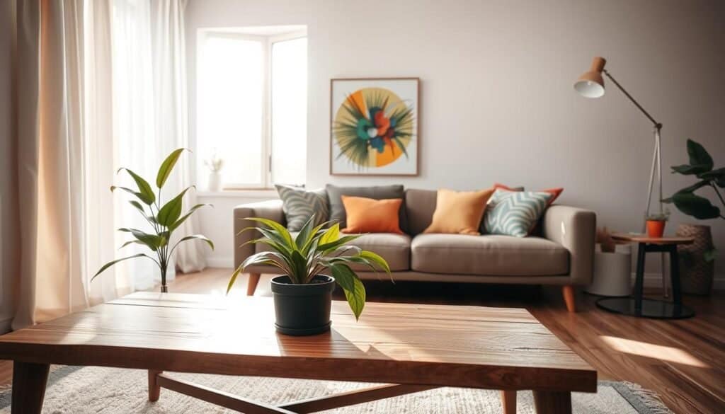 A cozy living room with dynamic elements that bring life to the space. In the foreground, a stylish wooden coffee table adorned with a vibrant potted plant sways gently in the soft breeze from an open window. In the middle, a plush sofa in muted tones contrasts with colorful throw pillows, and a modern art piece hangs on the wall, capturing attention with its lively patterns. The background features a large window allowing bright, natural light to flood the room, casting soft shadows and creating an inviting atmosphere. A gentle, flowing curtain adds a sense of movement, while a sleek floor lamp provides warmth. The overall mood is bright, airy, and uplifting, evoking a sense of comfort and creativity.