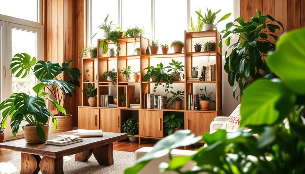 A cozy living room with indoor plants decor, featuring a variety of lush green foliage in stylish pots. In the foreground, a large leafy Monstera and a delicate fiddle leaf fig are positioned beside a rustic wooden coffee table. The middle section showcases an eye-catching wooden shelving unit filled with plants like succulents and cascading pothos, nestled among carefully arranged books. In the background, large windows allow bright, natural light to flood the space, highlighting the warm tones of the wood and the vibrant greens of the plants. Soft sunlight casts gentle shadows, creating an inviting and lived-in atmosphere. The scene captures a harmonious blend of wood and plant styling, emphasizing comfort and style in a real home setting.