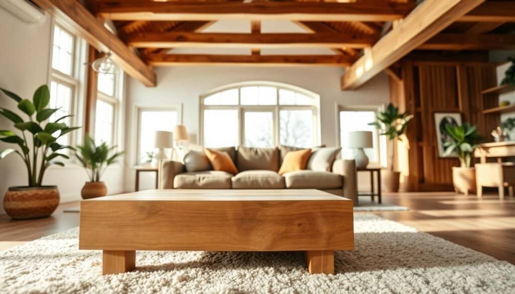A cozy living space emphasizing structural elements that create a sense of warmth. In the foreground, a well-crafted wooden coffee table with natural wood grain sits atop a soft area rug. The middle ground features a comfortable sofa adorned with plump cushions, framed by large windows that let in soft, warm daylight. In the background, exposed wooden beams highlight the ceiling, enhancing the feeling of a welcoming atmosphere. Natural plants add a touch of life and freshness to the decor. The setting is illuminated with bright natural light, creating an airy and inviting ambiance. Capture this scene with a wide-angle lens to emphasize depth and warmth, while maintaining a serene and homey feel.